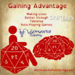 Gaining Advantage: Making Lives Better through tabletop role-playing games; Wyrmworks Publishing Logo; Disability symbol with wheelchair wheel replaced by d20; Brain with embedded d20; Dretelia Campaign Setting