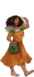 fem halfling with cleft palate in tan dress, green satchel, holding up flowers