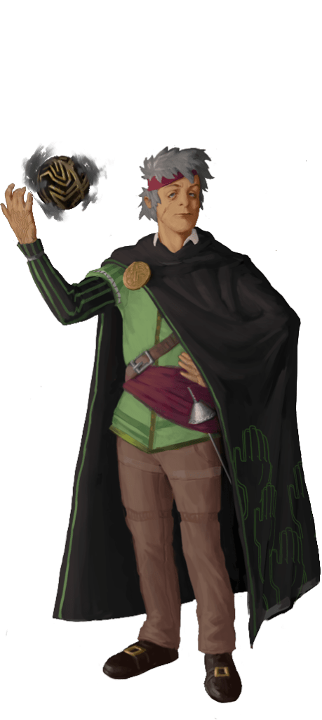 Man with facial difference, grey fluffy hair, red headband, black cloak with green hand shapes, green shirt, a ball of black energy floating above his lifted right hand