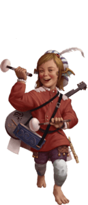 halfling bard with dragon ears, Down syndrome, beating drum with mallets with lute on his back