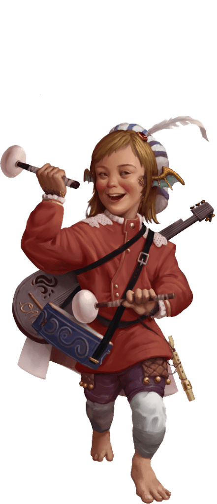 halfling bard with dragon ears, Down syndrome, beating drum with mallets with lute on his back