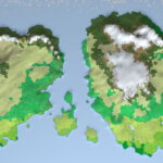 A relief map of Andovir, a world with 2 continents divided by a large strait and 2 large islands in the strait