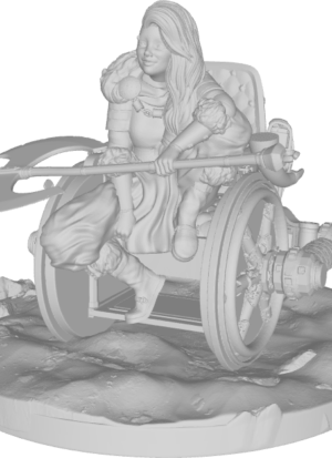 A femme-presenting dwarf in a wheelchair with a big double-bladed axe