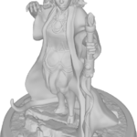 figure of tiefling with a raven on one horn, wearing a brown cloak and holding a white staff with a red tip