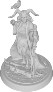 figure of tiefling with a raven on one horn, wearing a brown cloak and holding a white staff with a red tip