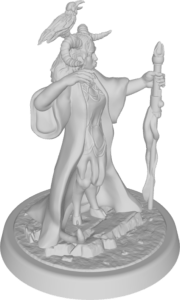 figure of tiefling with a raven on one horn, wearing a brown cloak and holding a white staff with a red tip