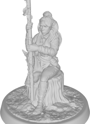 figure of Fem elf in dress, sitting on stump holding leafy staff,
