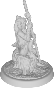 figure of Fem elf in dress, sitting on stump holding leafy staff,