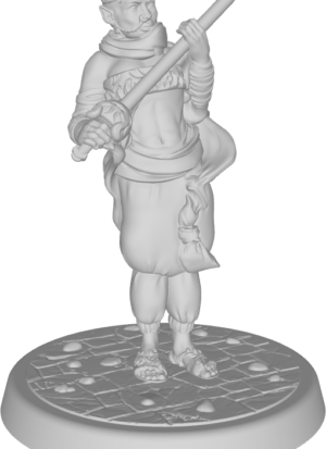Figure of Hairless elf with gold headband, white loose pants, flowing sashes, rapier