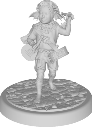 figure of halfling bard with dragon ears, Down syndrome, beating drum with mallets with lute on his back