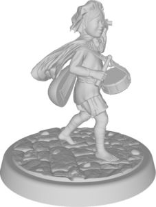 figure of halfling bard with dragon ears, Down syndrome, beating drum with mallets with lute on his back