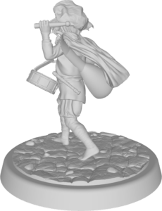 figure of halfling bard with dragon ears, Down syndrome, beating drum with mallets with lute on his back