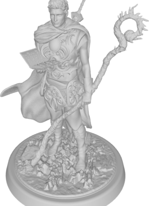 figure of Armored paladin holding a braille book and magic staff, sword on his back, scars on his eye