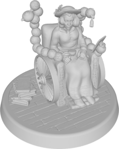 figure of human with long dark brown hair, purple hat, multicolor dress, sitting in a wheelchair with 4 arms made of connected spheres, holding teapot & cup on right and paintbrush & board on left. Hubs and arm spheres have Hebrew inscription on them