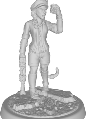figure of A tiefling with a puzzle cube in one hand and a bone crutch in the other, toes turned inward