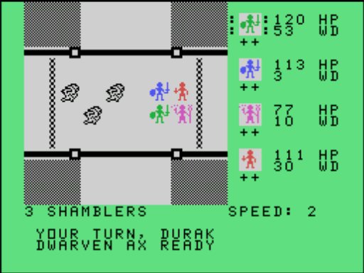 Screenshot of the 1982 game Tunnels of Doom, 4 characters facing off against 3 Shamblers, low poly graphics