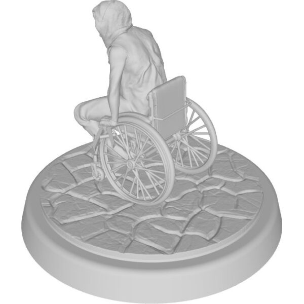 figure of rogue in hood with spiked shoulders, sitting in a wheelchair, holding cartography tools
