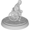 figure of rogue in hood with spiked shoulders, sitting in a wheelchair, holding cartography tools