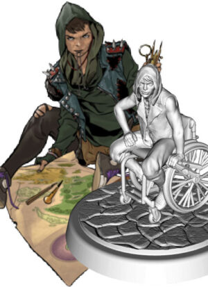 rogue in hood with spiked shoulders, sitting by a map, holding cartography tools; figure of rogue in hood with spiked shoulders, sitting in a wheelchair, holding cartography tools