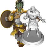 image & figure of half-orc in platemail with yellow accents, round shield strapped to handless right arm, ring hanging from necklace, 2 handaxes hanging on belt, embossed arms on breastplate