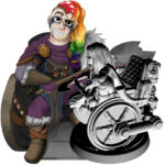 image & figure of beardless dwarf, head shaved on right side, long rainbow hair on left; black tattoos around eyes, 3 diagonal slash scars on face; purple & leather fur outfit; holding large bloody double-bladed axe and sitting in a rugged wheelchair