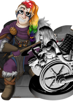 image & figure of beardless dwarf, head shaved on right side, long rainbow hair on left; black tattoos around eyes, 3 diagonal slash scars on face; purple & leather fur outfit; holding large bloody double-bladed axe and sitting in a rugged wheelchair