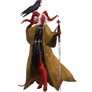 tiefling warlock with staff and raven