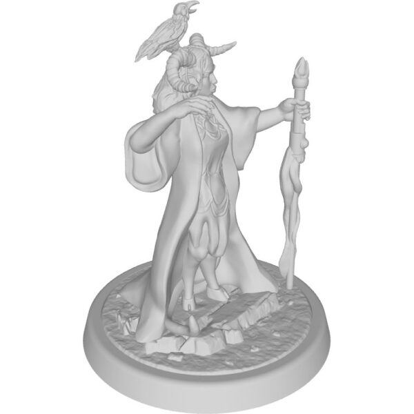 figure of tiefling warlock with staff and raven
