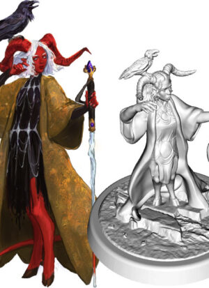 image & figure of tiefling warlock with staff and raven