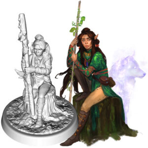 image & figure of Fem elf in green dress, sitting on rock, holding leafy staff, a ghostly wolf behind.