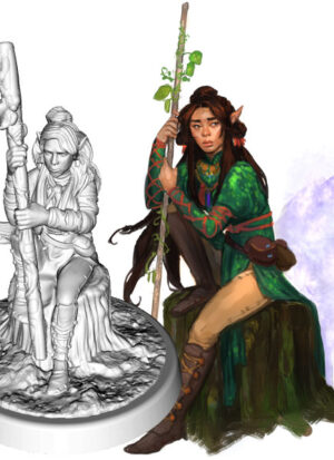 image & figure of Fem elf in green dress, sitting on rock, holding leafy staff, a ghostly wolf behind.