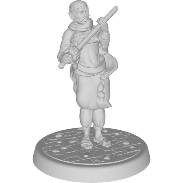 figure of Hairless elf with gold headband, white loose pants, flowing sashes, rapier