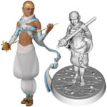 image & figure of Hairless elf with gold headband, white loose pants, flowing sashes, rapier