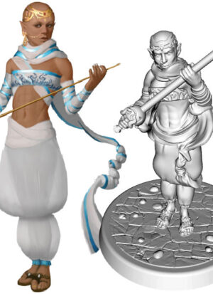 image & figure of Hairless elf with gold headband, white loose pants, flowing sashes, rapier
