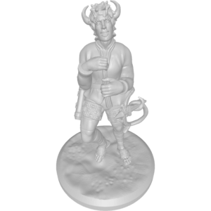 figure of a tiefling pulling a hand crossbow with his tail, crossbow mounted on his thigh, hands and arms constricted