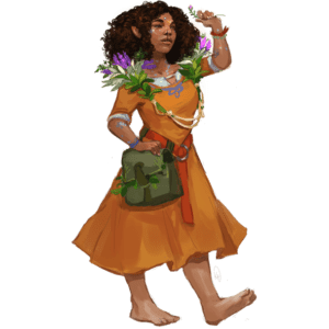fem halfling with cleft palate in tan dress, green satchel, holding up flowers