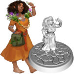 image & figure of fem halfling with cleft palate in tan dress, green satchel, holding up flowers