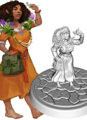 image & figure of fem halfling with cleft palate in tan dress, green satchel, holding up flowers