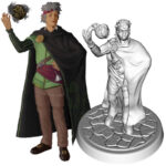 image & figure of Man with facial difference, grey fluffy hair, red headband, black cloak with green hand shapes, green shirt, a ball of black energy floating above his lifted right hand