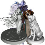 image & figures of light blue-skinned elf wearing a crystal crown, holding a necklace pendant, wearing a cloak with constellations on the inside, standing next to a large St. Bernard dog.