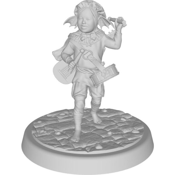 figure of halfling bard with dragon ears, Down syndrome, beating drum with mallets with lute on his back