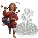 image & figure of halfling bard with dragon ears, Down syndrome, beating drum with mallets with lute on his back