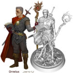 image & figure of Armored paladin holding a braille book and magic staff, sword on his back, scars on his eye. Orrelius written in braille below him.