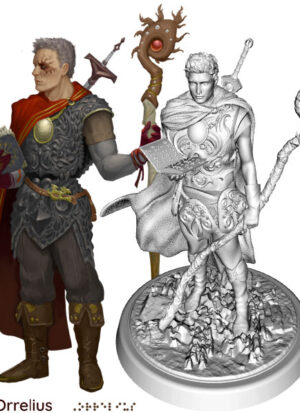 image & figure of Armored paladin holding a braille book and magic staff, sword on his back, scars on his eye. Orrelius written in braille below him.