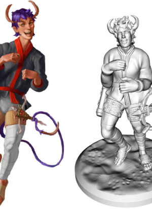 image & figure of a tiefling pulling a hand crossbow with his tail, crossbow mounted on his thigh, hands and arms constricted