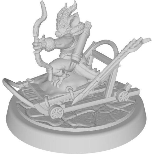 Figure of Blue dragonborn with dwarfism sitting on a sack in a wheeled sled aiming a shortbow, 2 javelins in sled