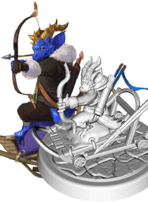 image & Figure of Blue dragonborn with dwarfism sitting on a sack in a wheeled sled aiming a shortbow, 2 javelins in sled