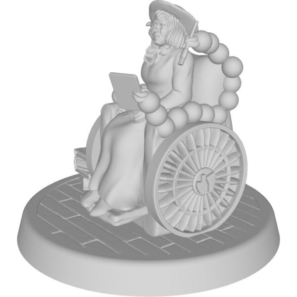 figure of human with long dark brown hair, purple hat, multicolor dress, sitting in a wheelchair with 4 arms made of connected spheres, holding teapot & cup on right and paintbrush & board on left. Hubs and arm spheres have Hebrew inscription on them
