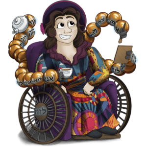 human with long dark brown hair, purple hat, multicolor dress, sitting in a wheelchair with 4 arms made of connected spheres, holding teapot & cup on right and paintbrush & board on left. Hubs and arm spheres have Hebrew inscription on them