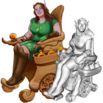 image & figure of elf with long brown hair, green leaf-motif dress, sitting in wooden wheelchair, 3 potion bottles in side pocket of wheelchair